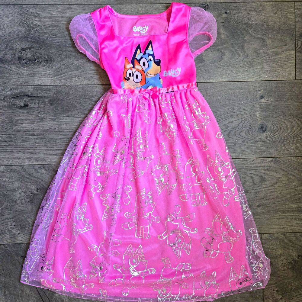 Bluey Bingo Girls Pink Fantasy Nightgown Dress XS 4/5 Glitter Tulle Pajamas Cap